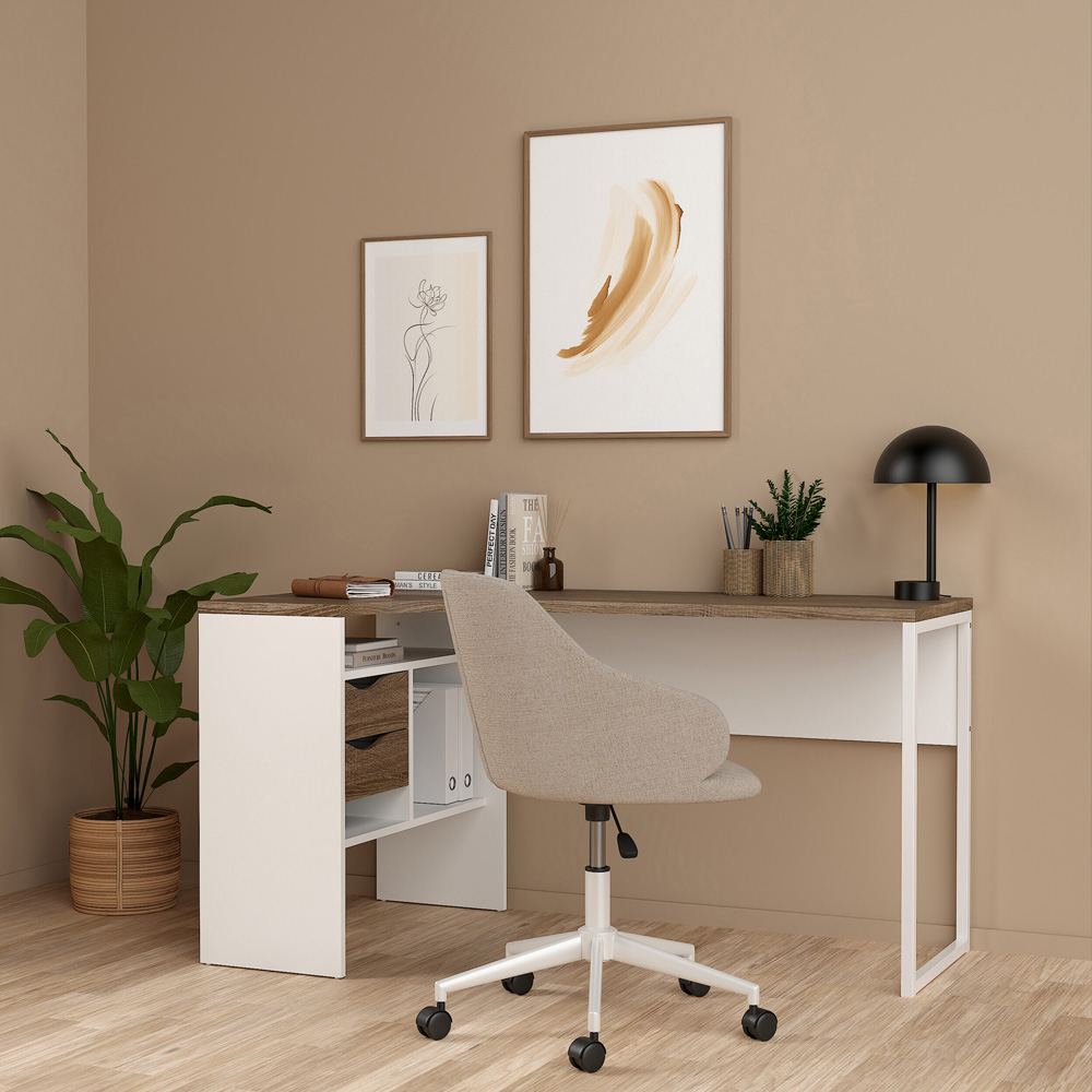 Florence Function Plus 2 Drawer Corner Desk White and Truffle Oak Image 9