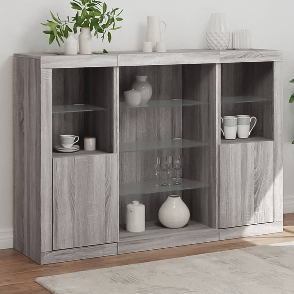 vidaXL 2 Door 12 Shelf Grey Sonoma Wooden Sideboard with LED Lights 3 Piece Image 1