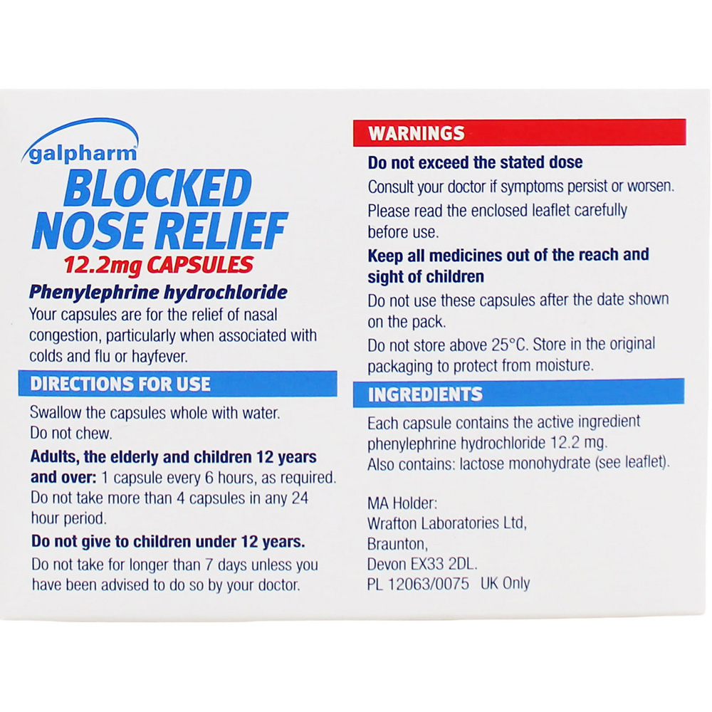 Pack of 12 Galpharm Blocked Nose Relief 12.2mg Capsules Image 2