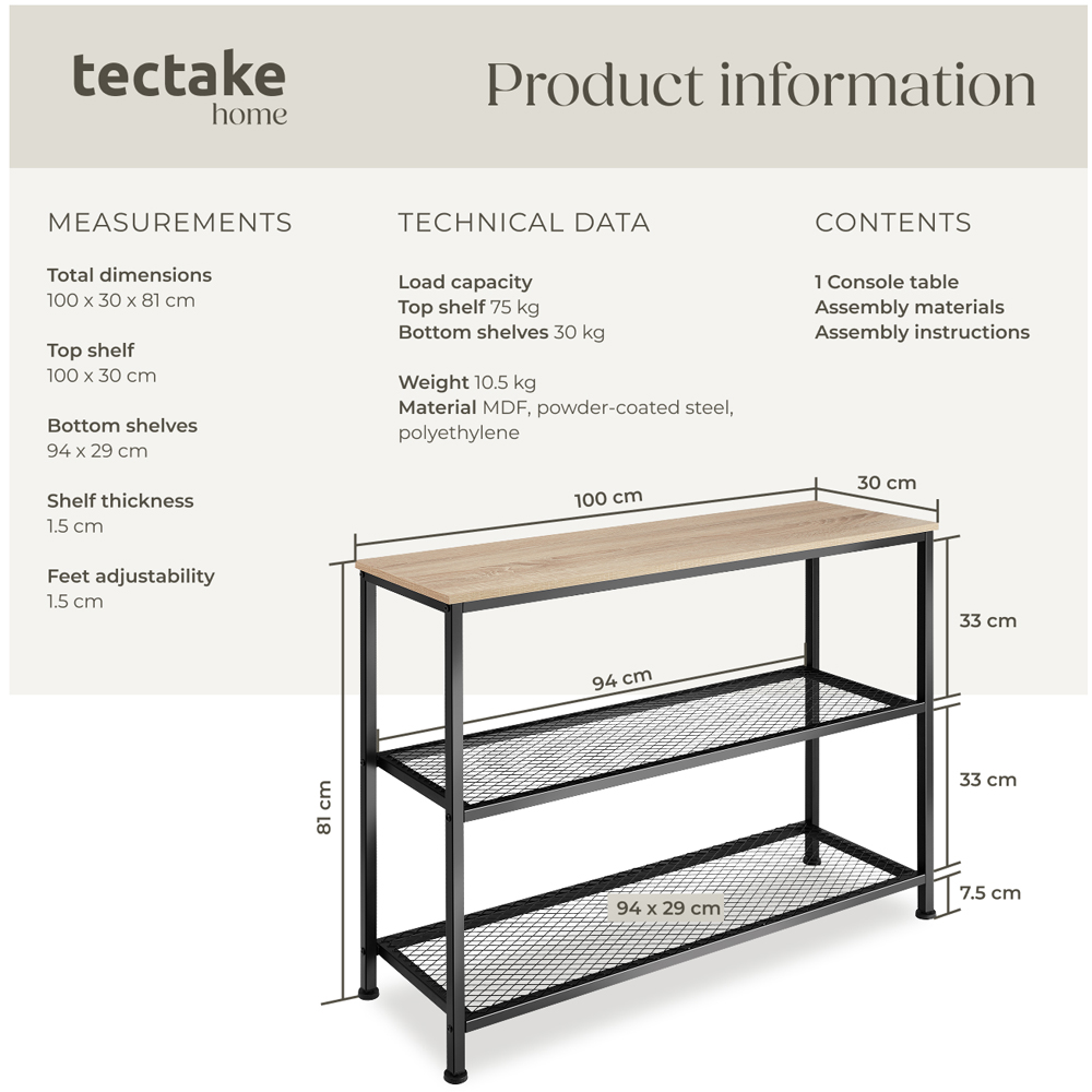 tectake Bristol 2 Wire Shelf Oak Sonoma Console Table Image 8