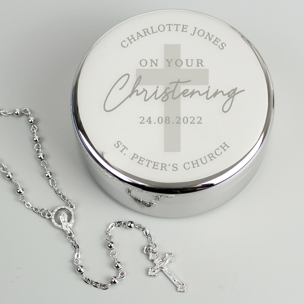 Personalised Memento Personalised Christening Round Trinket Box and Rosary Beads Set Image 3