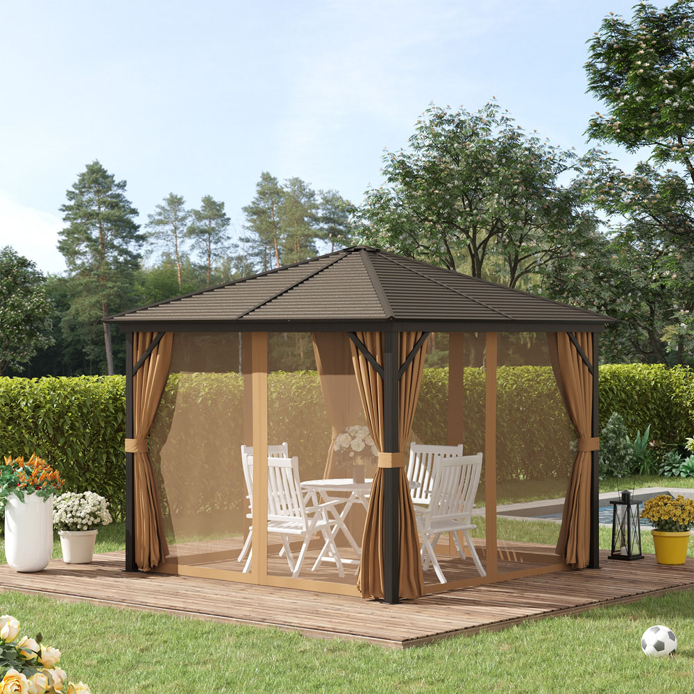 Outsunny 2.5 x 2.5m Steel Patio Gazebo with Hardtop and Curtains Image 1