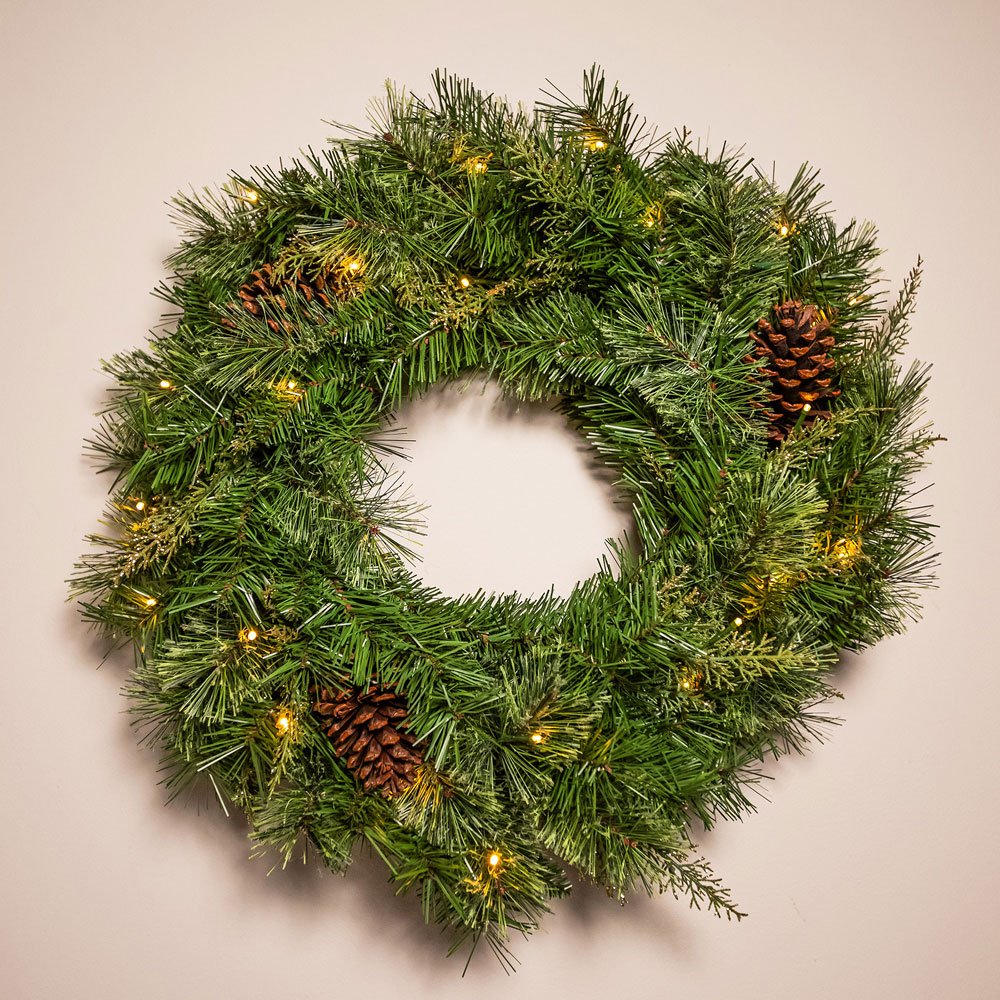 The Christmas Centre 100 Warm White LED Hollingworth Spruce Wreath with Pinecones 60cm Image 2