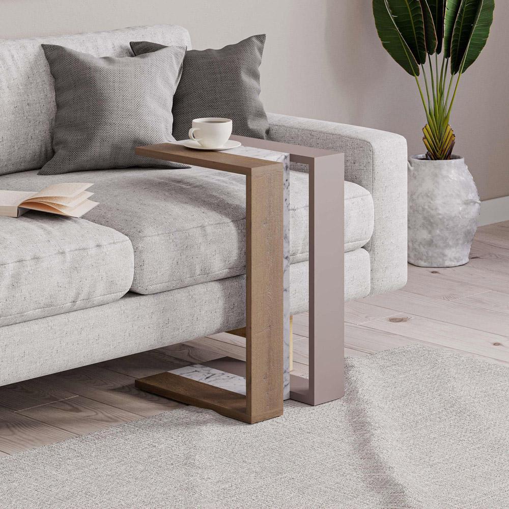 Decortie Muju Mocha Grey Oak and Gold Marble Effect Modern C Shaped Side Table Image 6