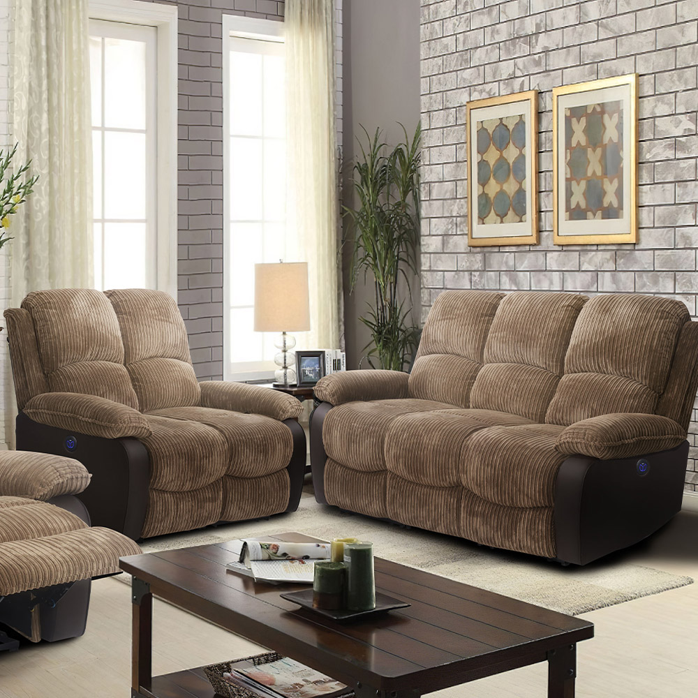 Comfy Living 5 Seater Brown Cord Fabric Electric Recliner Sofa Set Image 1