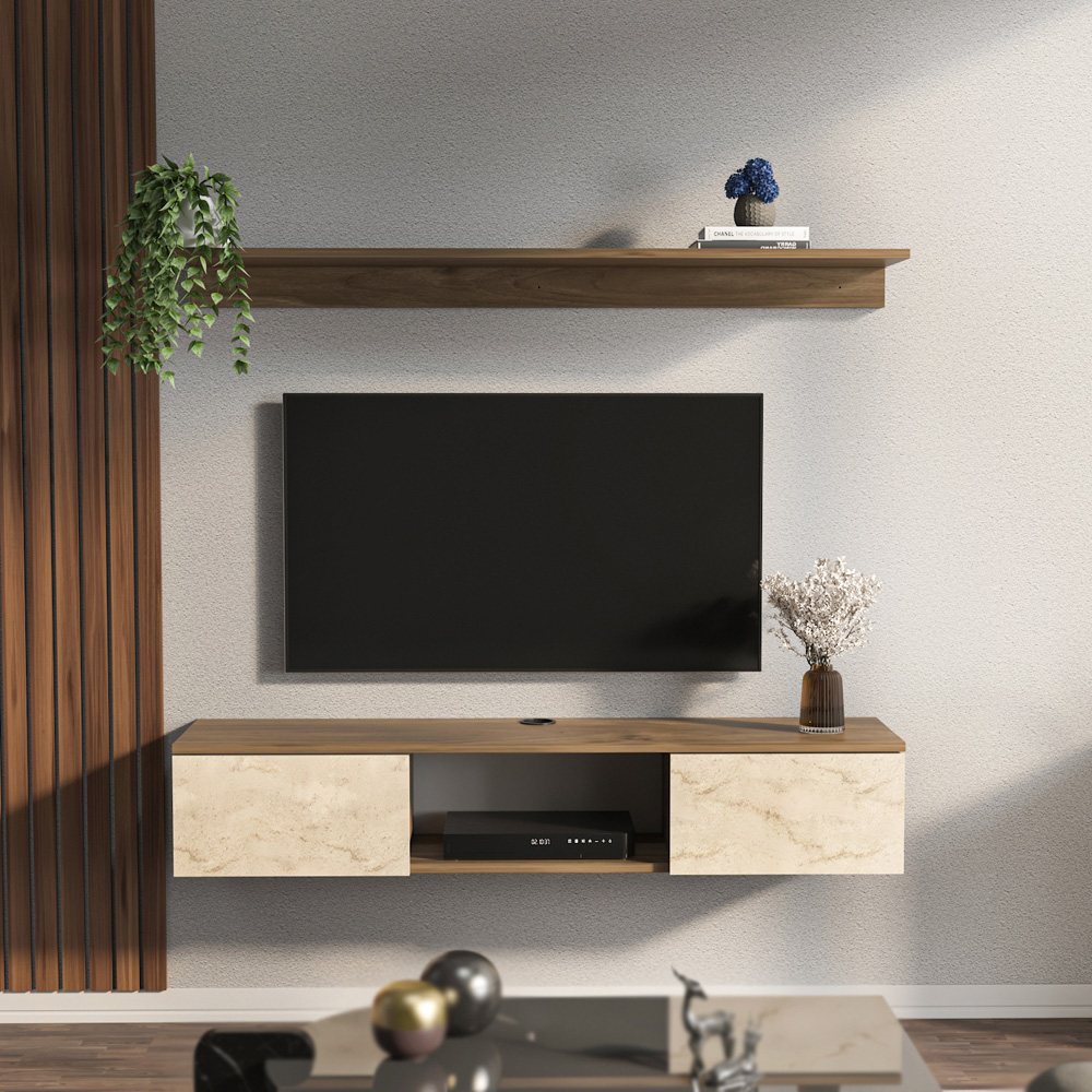 Decorotika Elia 2 Door Single Shelf Walnut Travertine Wall Mounted TV Unit with Wall Shelf Image 7
