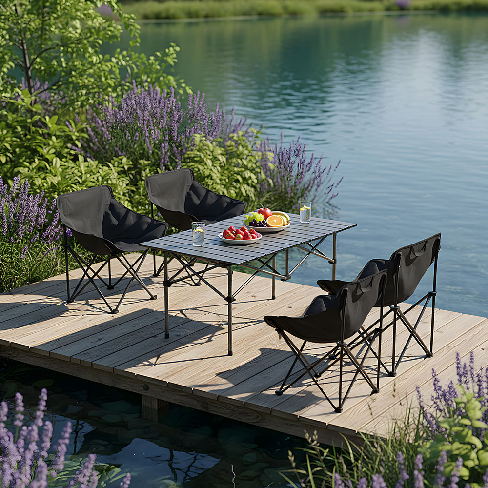 Living and Home 4 Seater Black Folding Camping Table and Chair Set Image 2