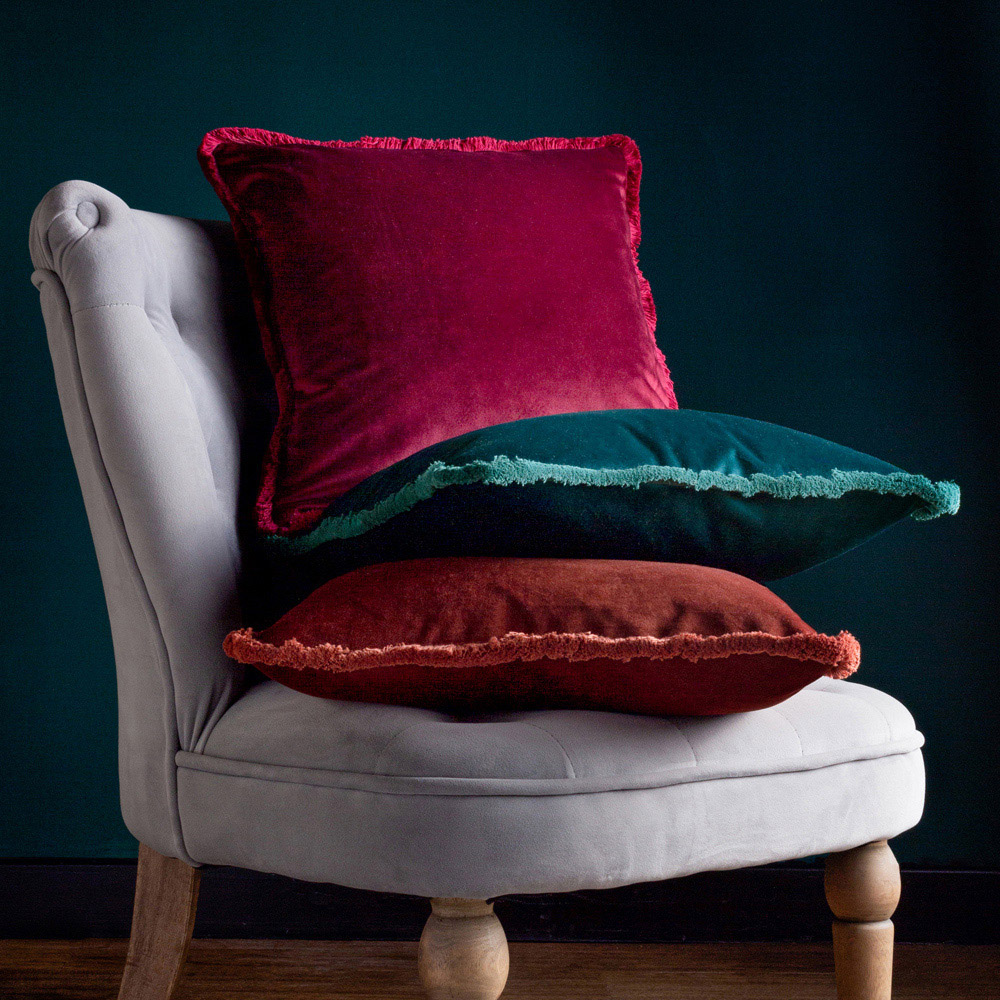 Paoletti Freya Teal Velvet Fringed Cushion Image 5