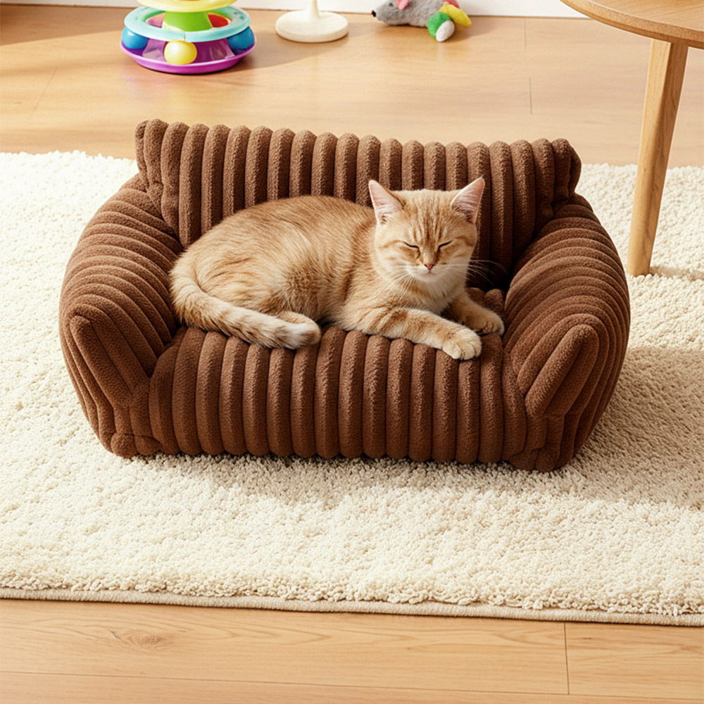 H&O Direct 61cm Dark Brown Super Soft Channel Warm Pet Sofa Bed Image 2