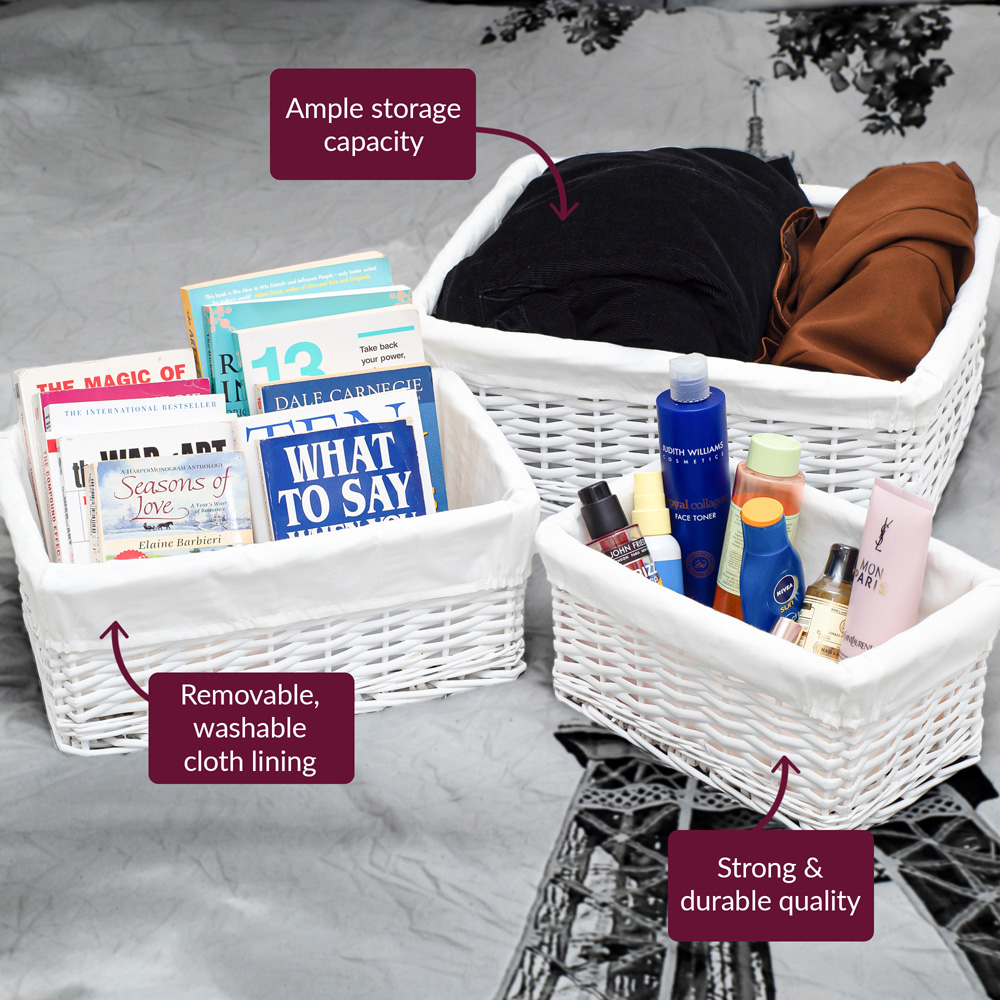 Innoteck Essentials White Wicker Storage Basket with Cloth Lining 3 Pack Image 6