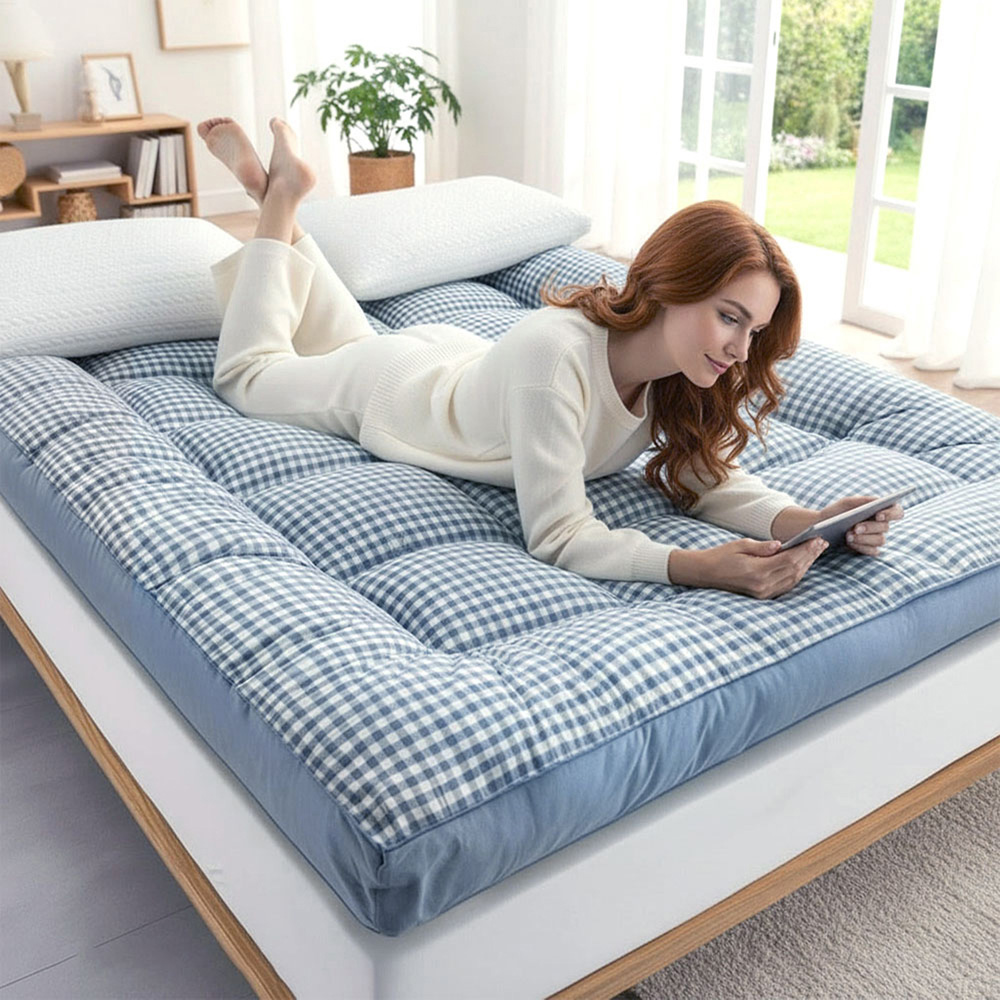 Living and Home Single Blue Plaid Quilted Mattress Topper Image 7