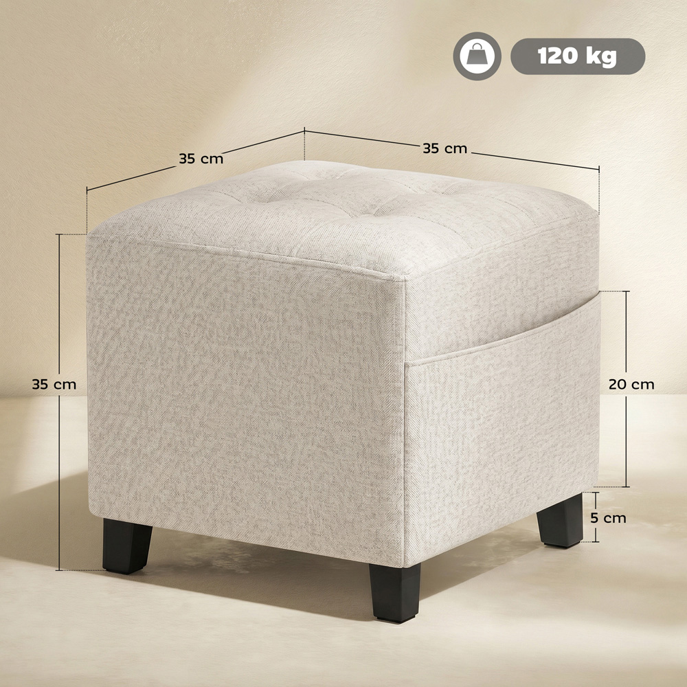 HOMCOM Beige Small Ottoman Pouffe Stool with Side Pocket Image 9