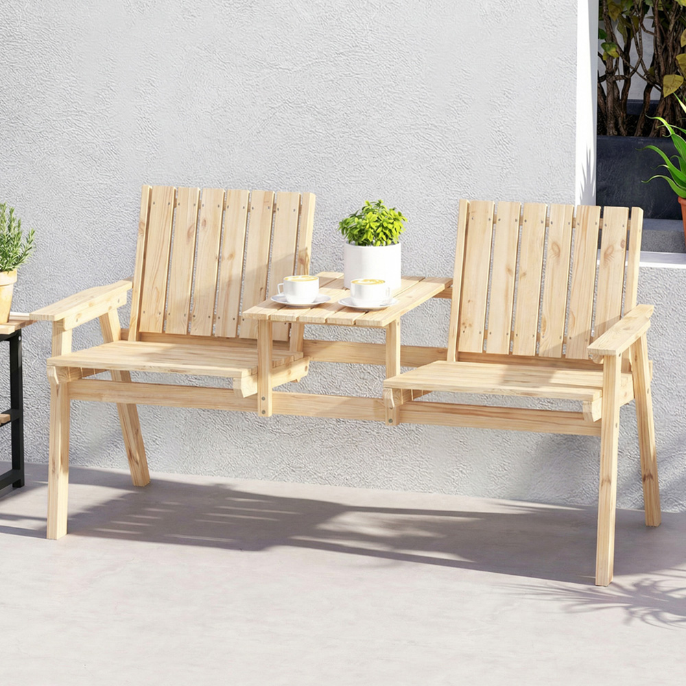 Outsunny 2 Seater Natural Wooden Garden Loveseat with Centre Table and Parasol Hole Image 1