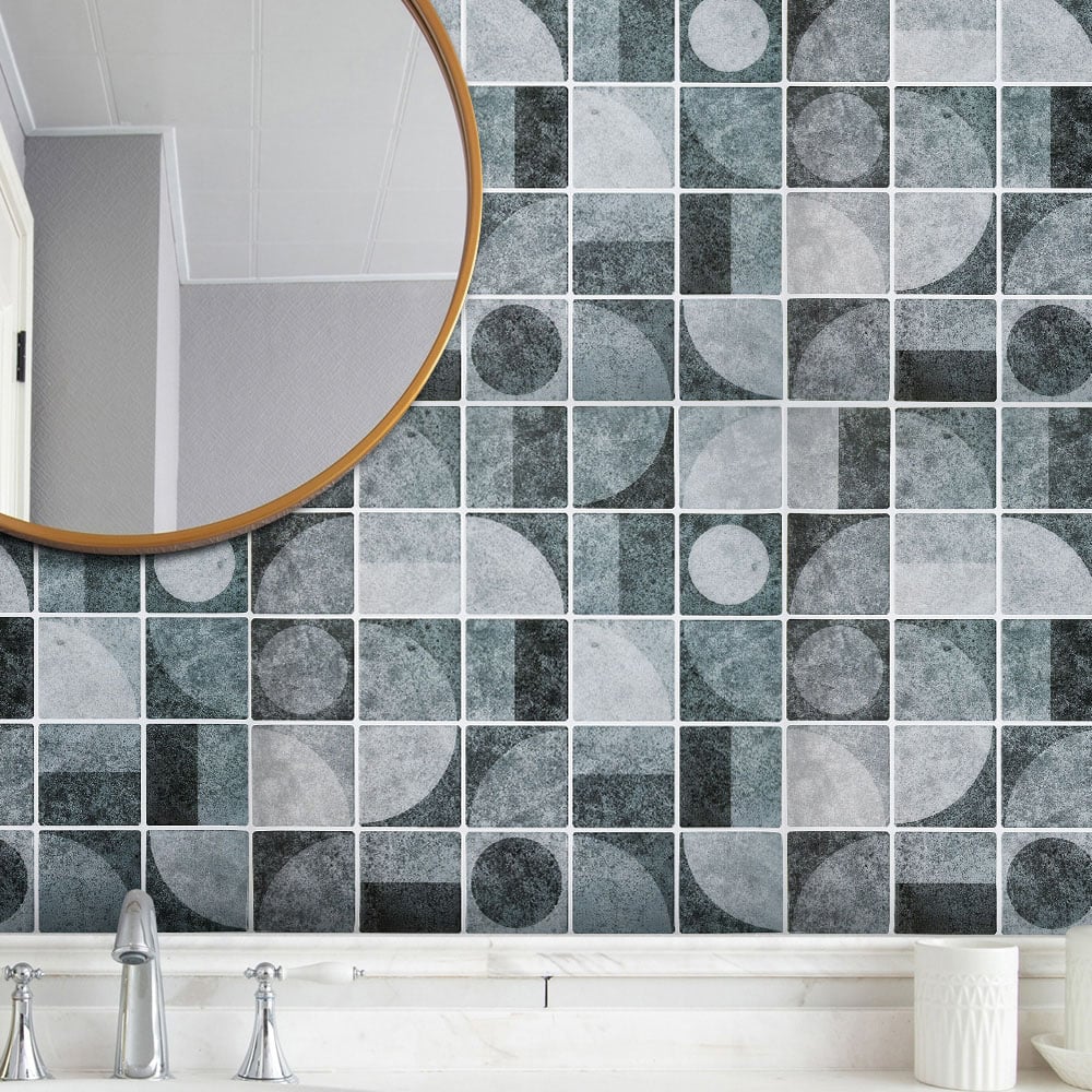 Living and Home Geometric Retro Grey Peel and Stick Wall Tile Sticker 10 Pack Image 1