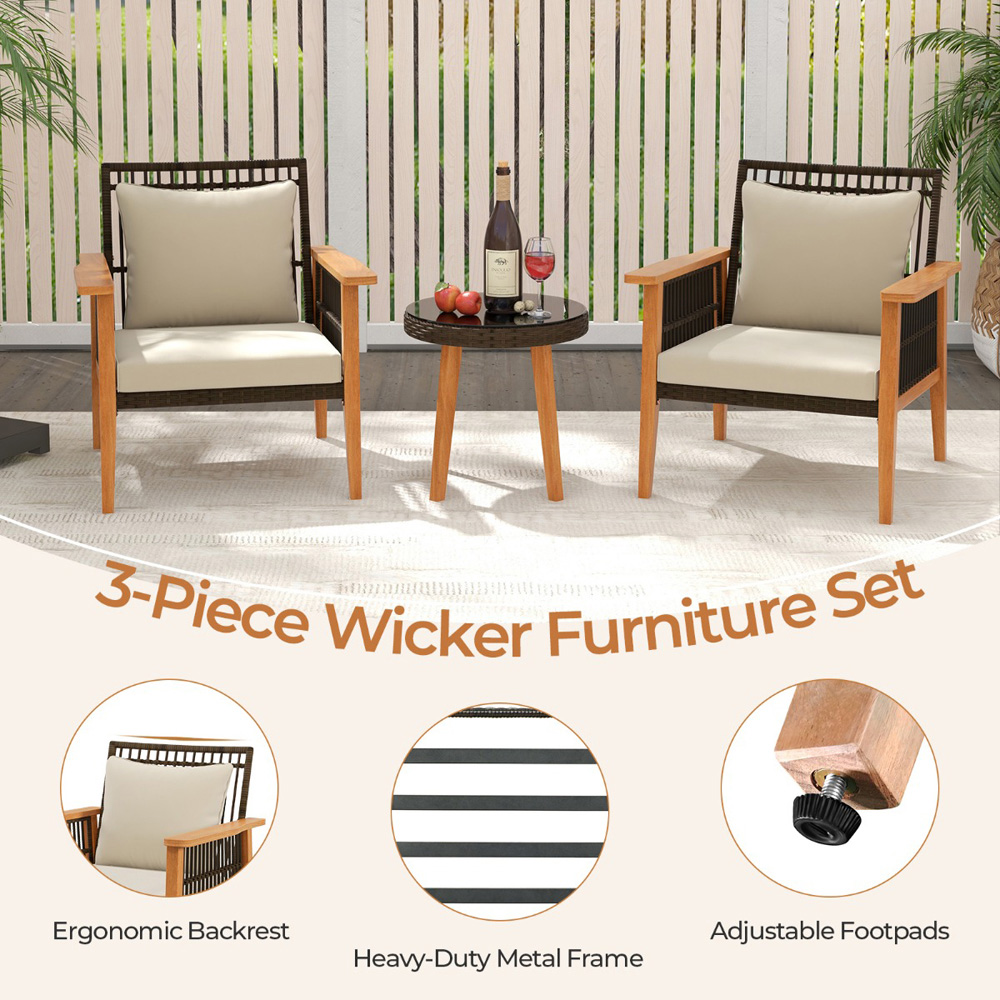 Costway 3 Seater Wicker Woven Patio Bistro Set Beige Image 7