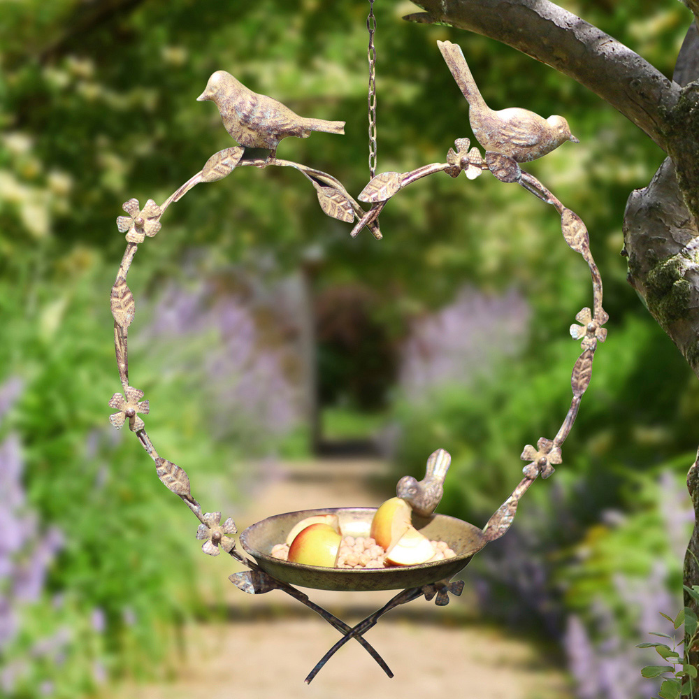Dibor Gold Iron Heart Shaped Ornate Leaves and Floral Hanging Bird Feeder Dish with Chain Image 2