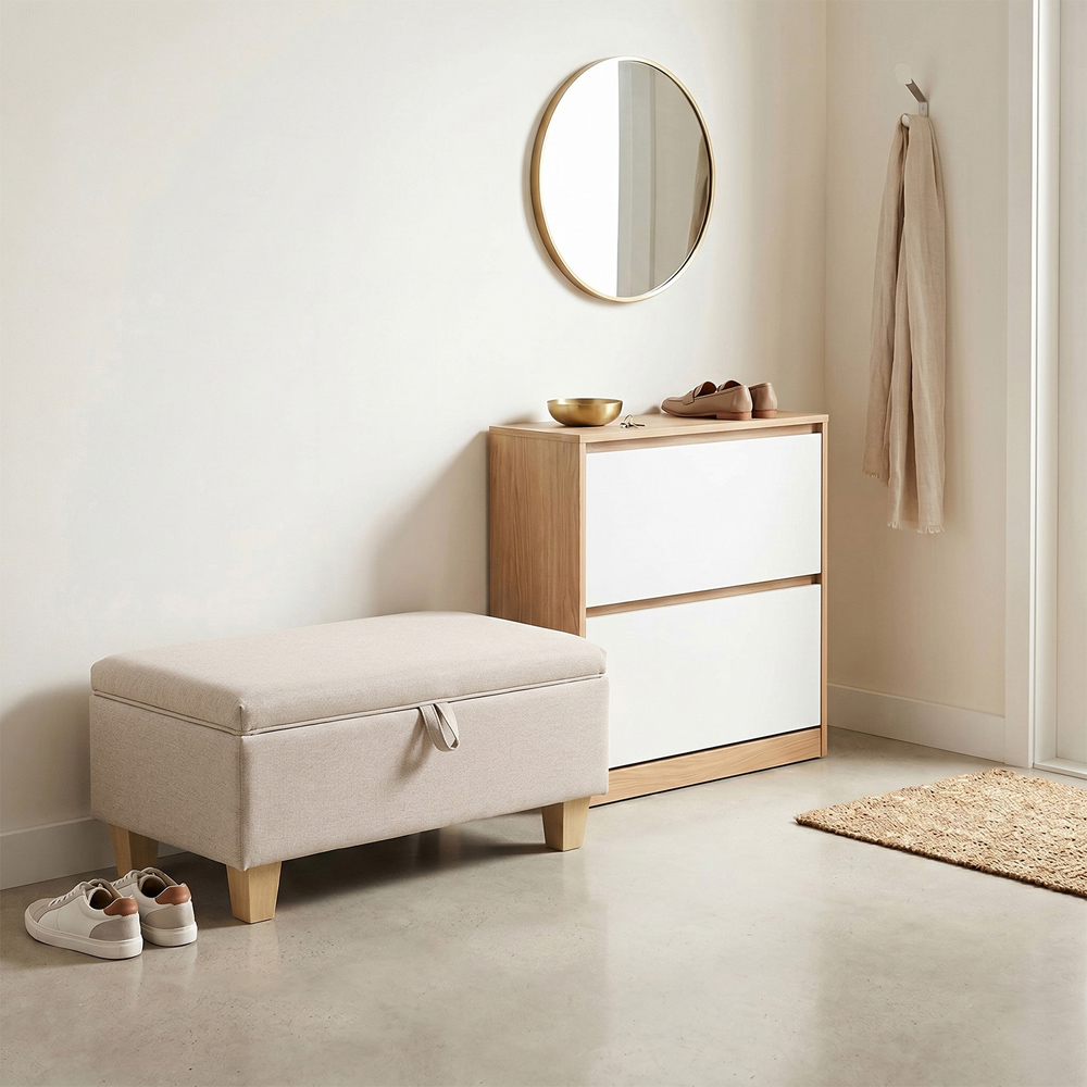 Living and Home 2 in 1 Cream Linen Upholstered Storage Ottoman Image 8
