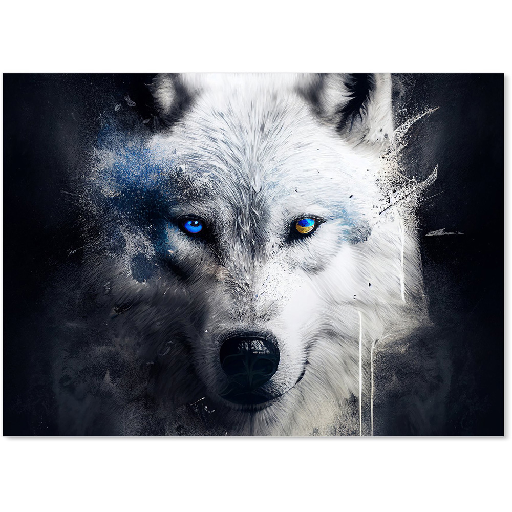 Warren Reed Designer Dark Background Splashart White Wolf Face Glass Kitchen Splashback 65 x 90cm Image 2