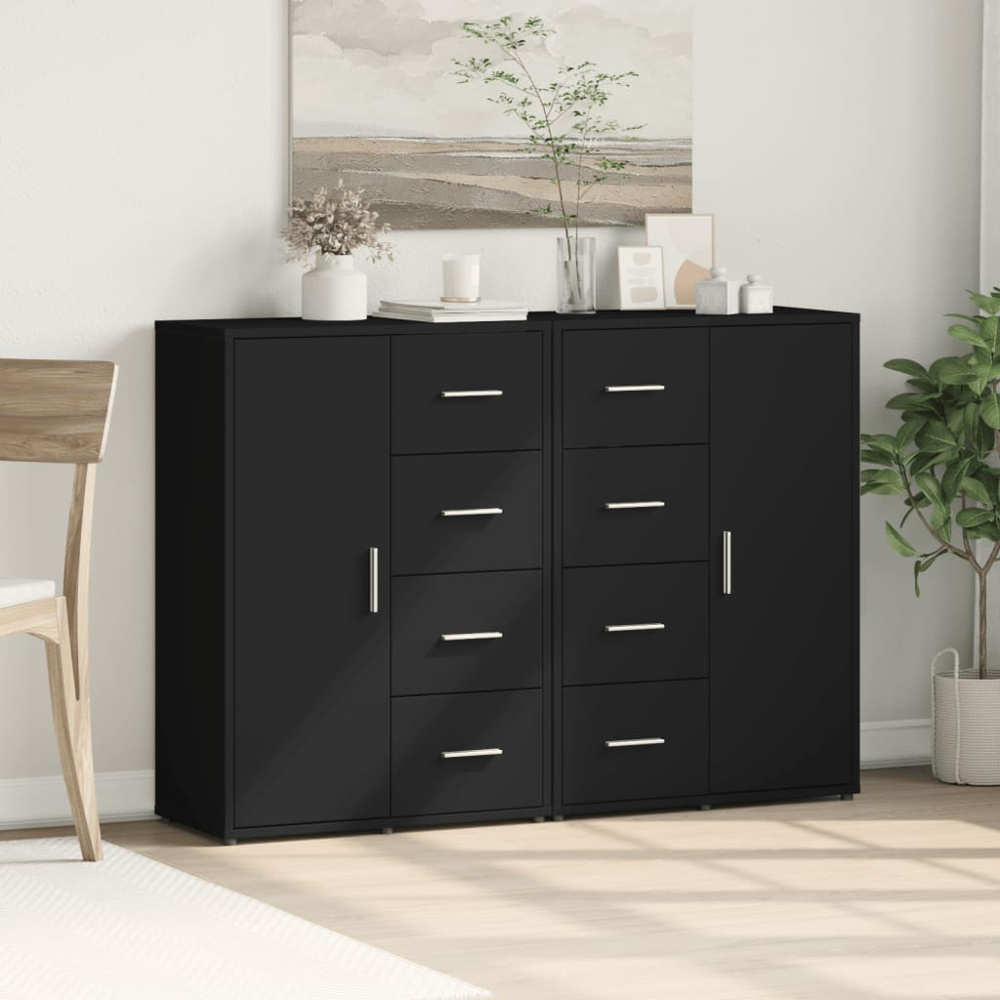 vidaXL Single Door 4 Drawer Black Wooden Sideboard Set of 2 Image 9