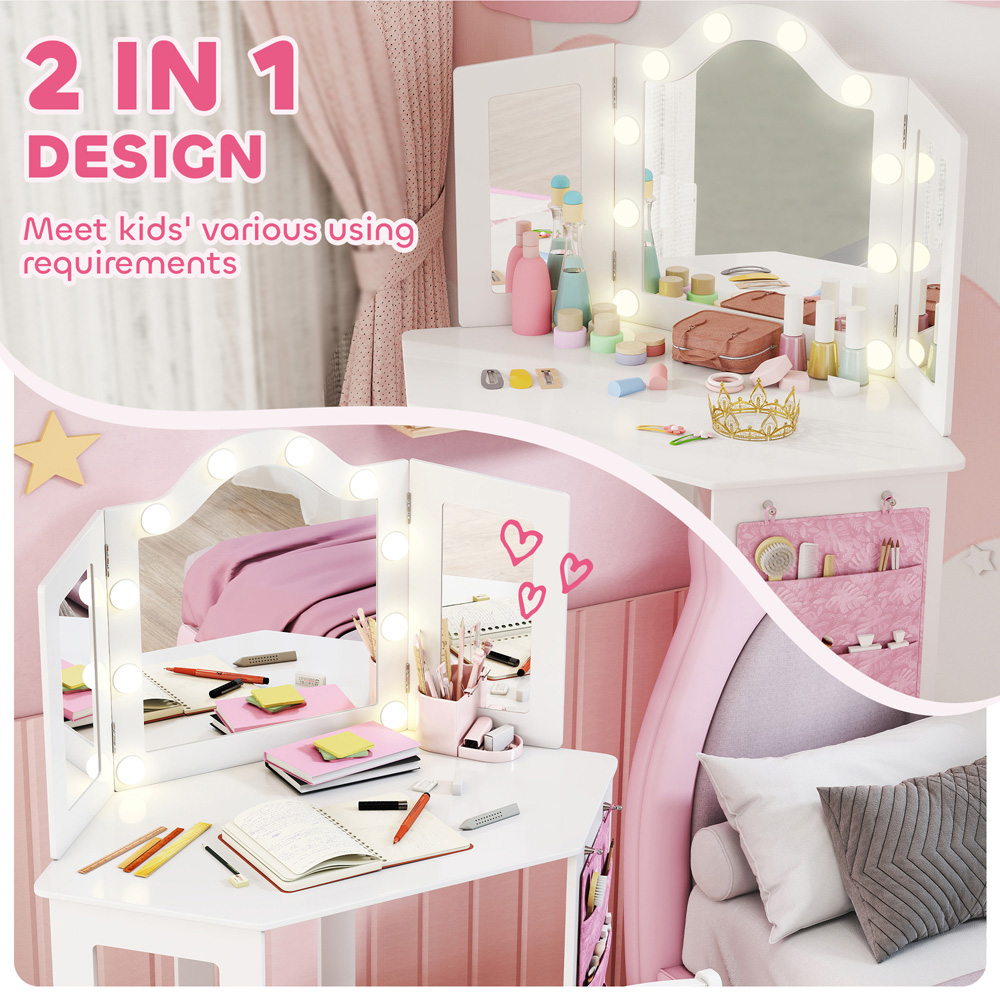 AIYAPLAY 2 Piece White LED Tri Folding Mirror Kids Vanity Table and Stool Set Image 8