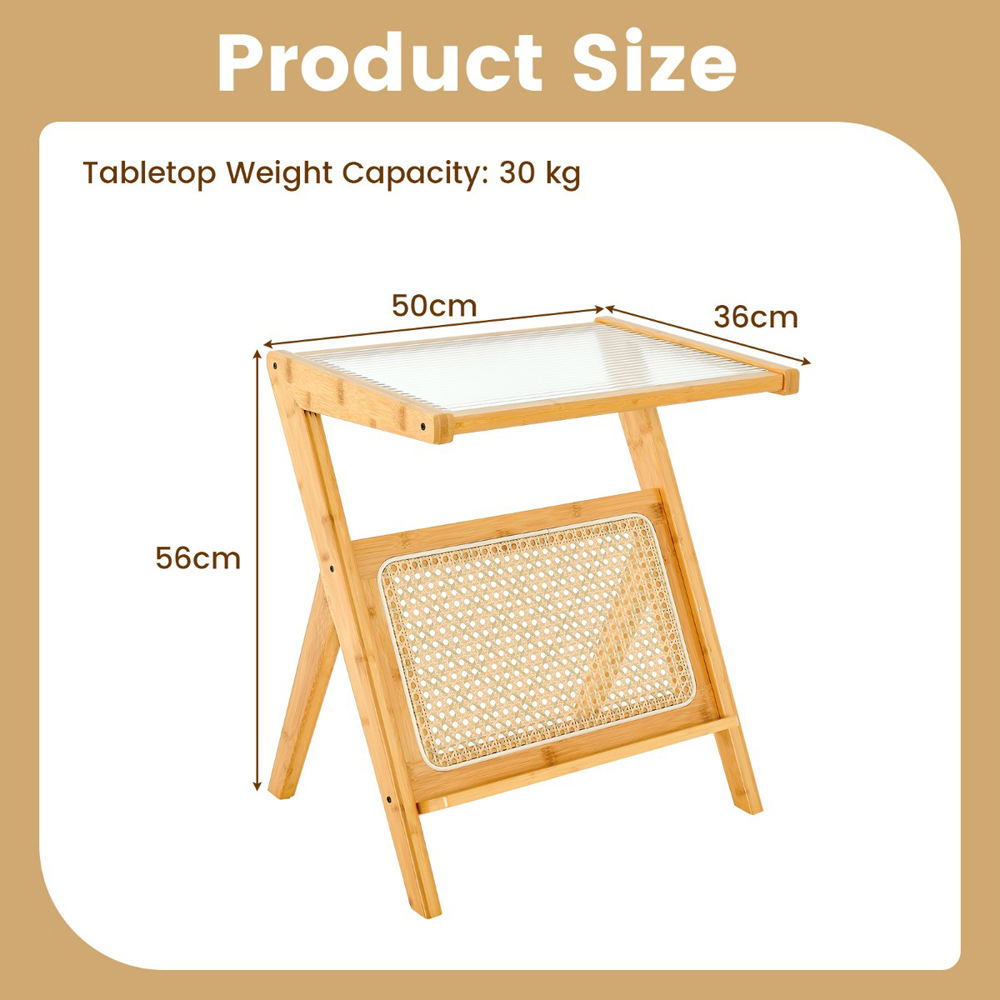 Costway Single Shelf Natural Bamboo Accent Bedside Table with Tempered Glass Top Image 9