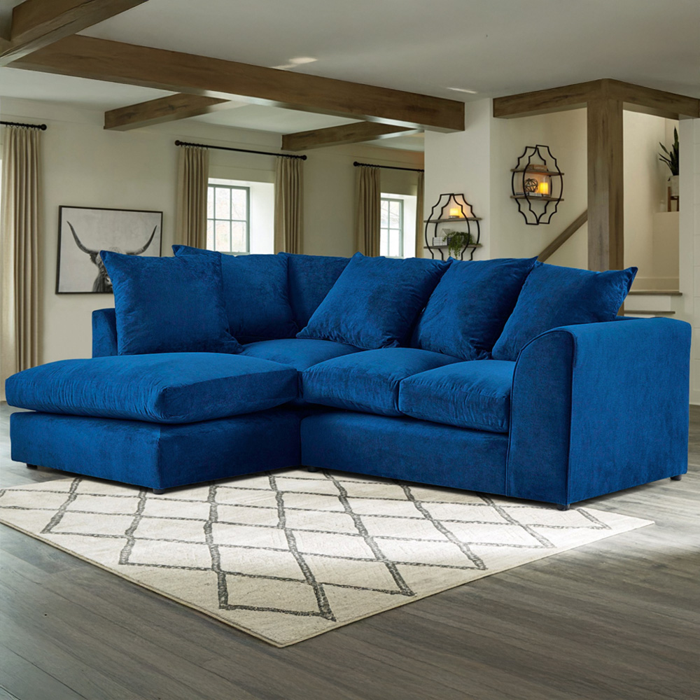 Portland Mirana Modern 3 Seater Blue Plush Velvet Left Hand Corner Sofa Image 1