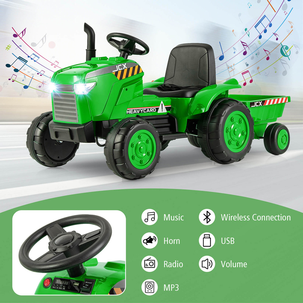 Costway Kids Green Ride On Tractor with Trailer and Remote Control 12V Image 5
