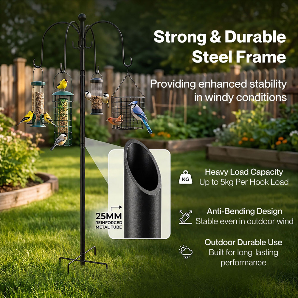 TOQUE Black Height Adjustable Complete Bird Feeding Station with 4 Feeders Image 4