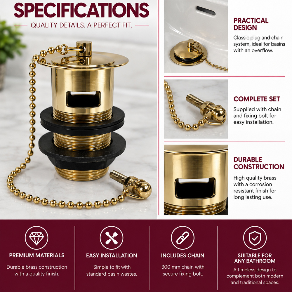 Go Bathrooms Brushed Gold Slotted Basin Waste with Plug and Chain Image 3