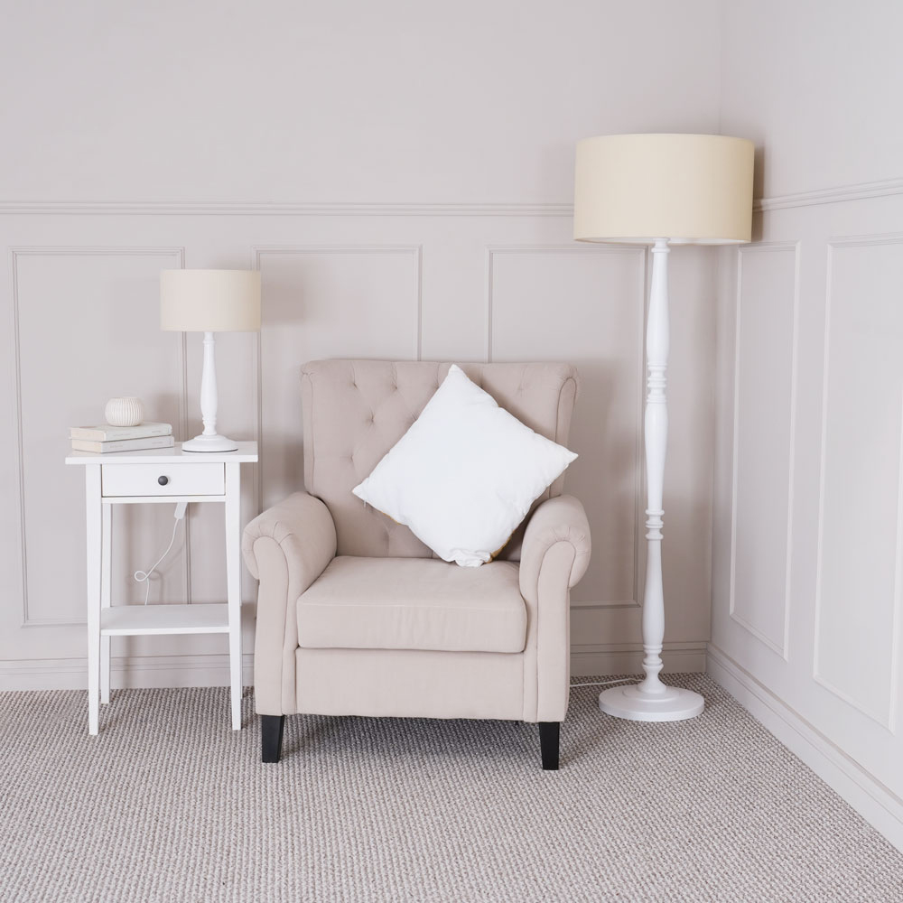 ValueLights Victoria Natural Fabric Drum Shade White Wood Traditional Stem LED Floor Lamp Image 5