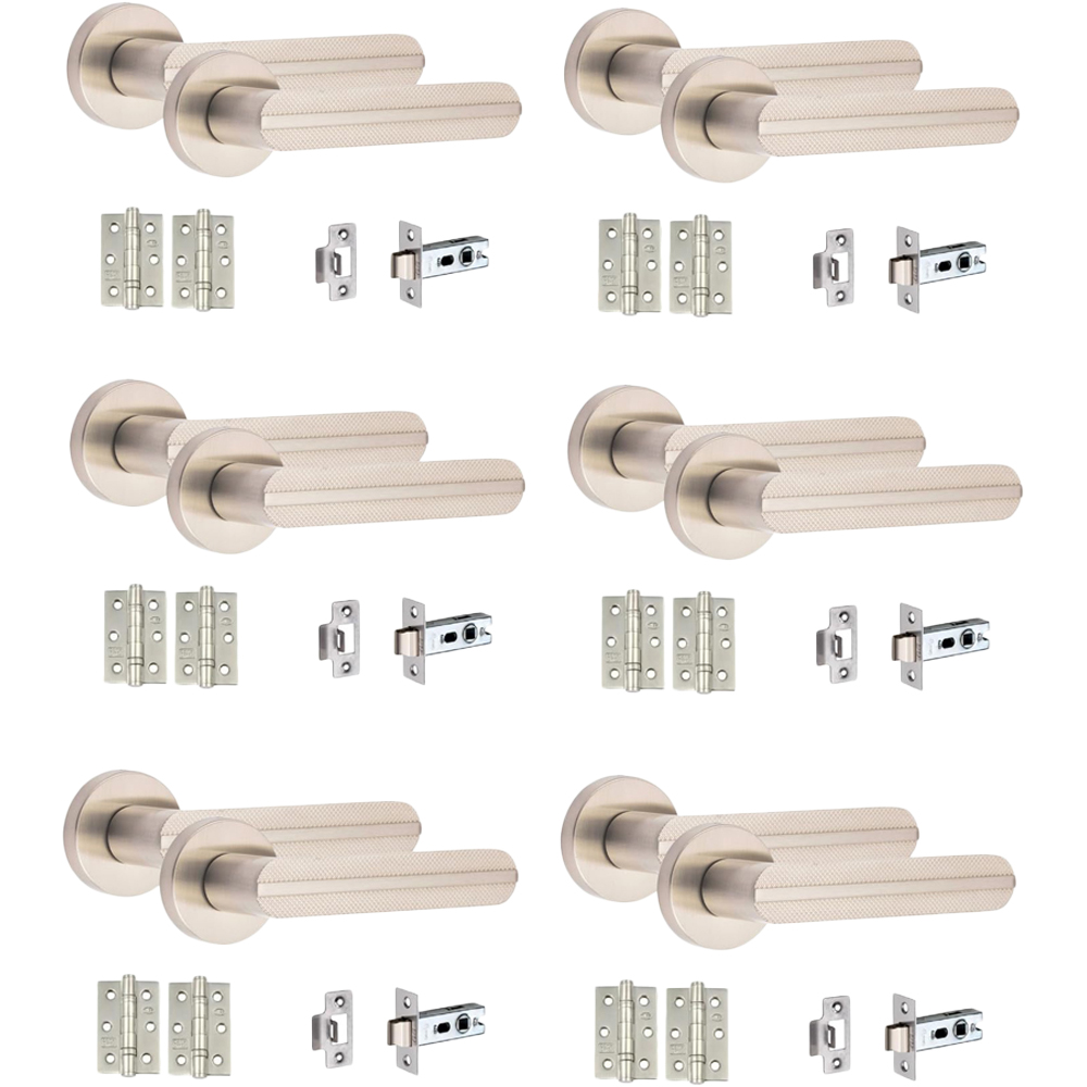 Golden Grace Satin Nickel Modern Lima Knurled Door Handle Set 6 Pack Image