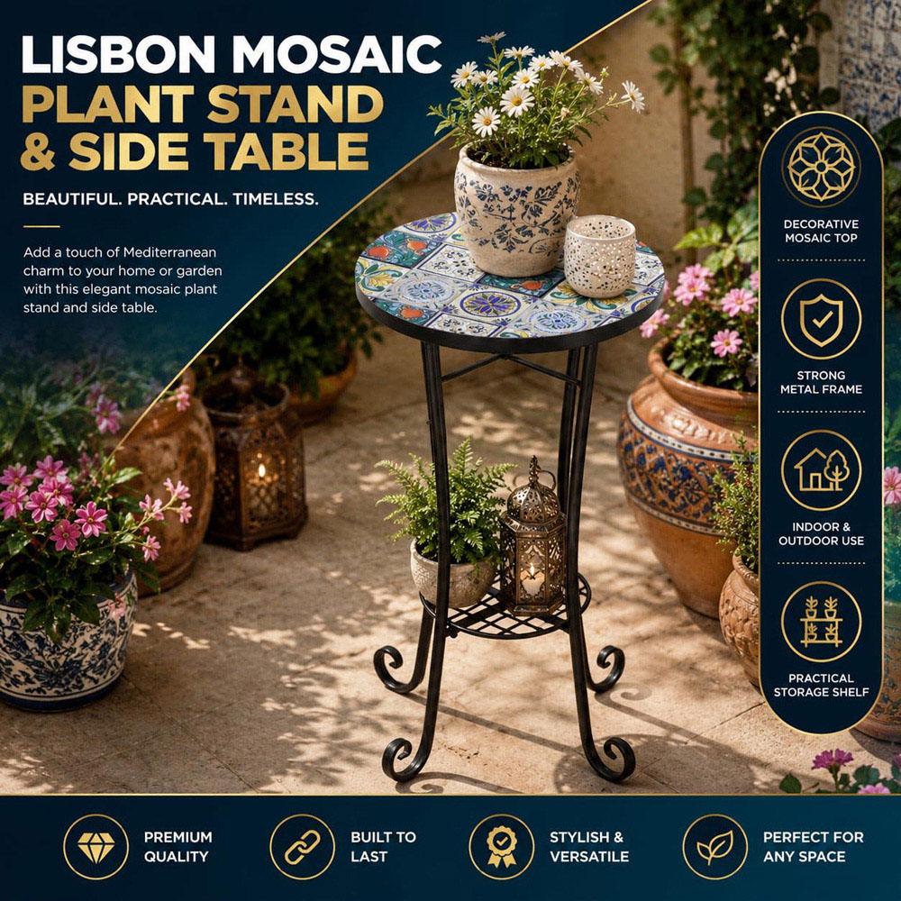 Shatchi Lisbon 2-in-1 Single Shelf Mosaic Ceramic Tile Top Plant Stand Side Table Image 8