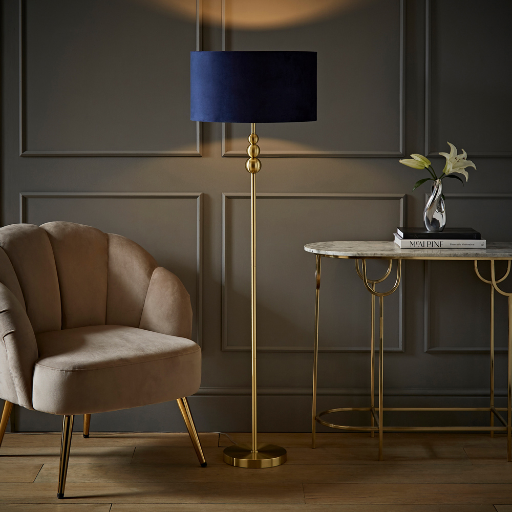 ValueLights Marissa Reni Navy Blue Velvet Shade and Gold Ball LED Floor Lamp Image 2