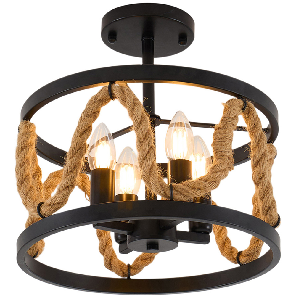 Living and Home 4 Light Black Metal and Hemp Rope E14 Ceiling Light Image 6
