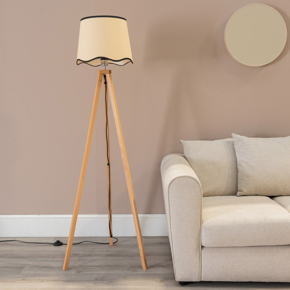 ValueLights Barbro Natural Linen Scallop Black Edge Shade Light Wood Tripod LED Floor Lamp Image 3