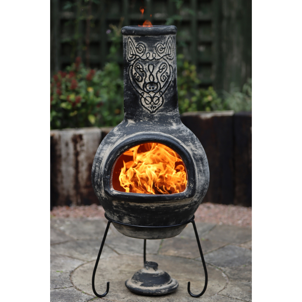 Gardeco Wulfryc Celtic Theme Wolf Charcoal Mexican Chimenea with Stand and Lid Image 4