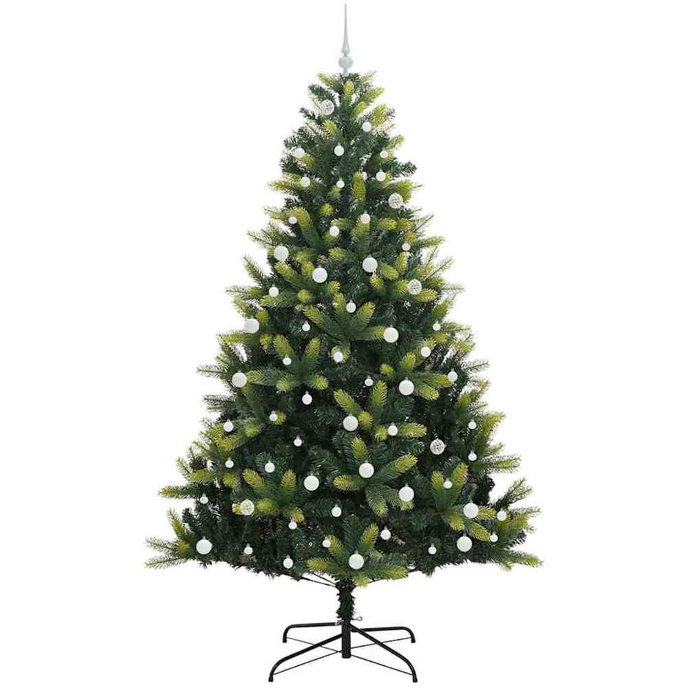 vidaXL Pre-Lit White Baubles Green Artificial Hinged Christmas Tree 8ft Image 4