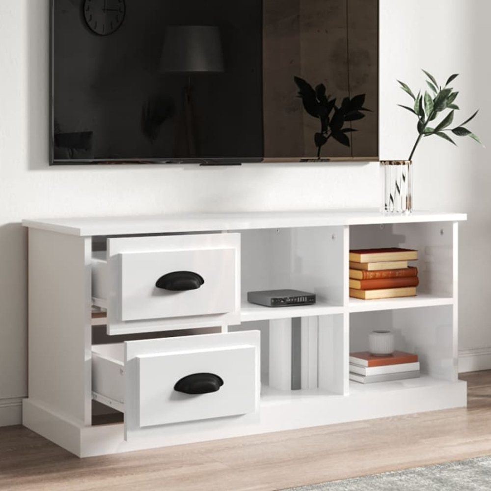 vidaXL 2 Drawer 4 Shelf High Gloss White TV Cabinet Image 1