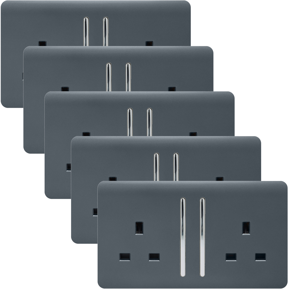 Trendi Switch 2 Gang Long Switch Warm Grey Plug Socket 5 Pack Image 1