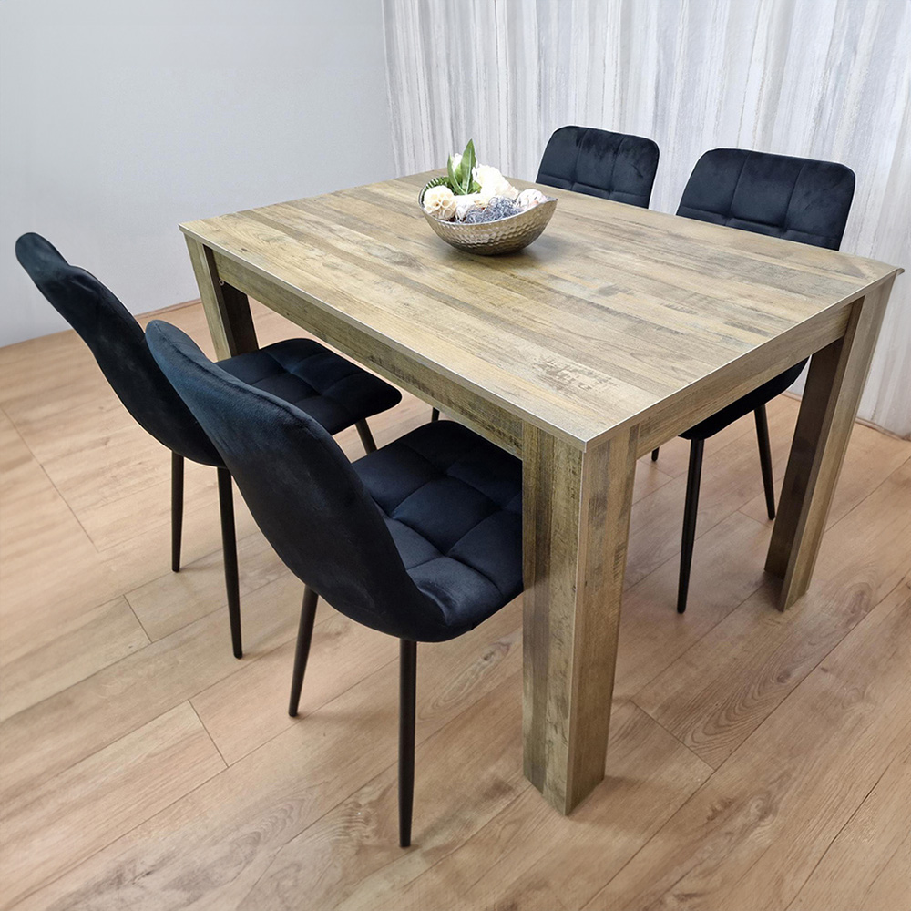 Portland 4 Seater Velvet Dining Set Wood Effect and Black Image 1
