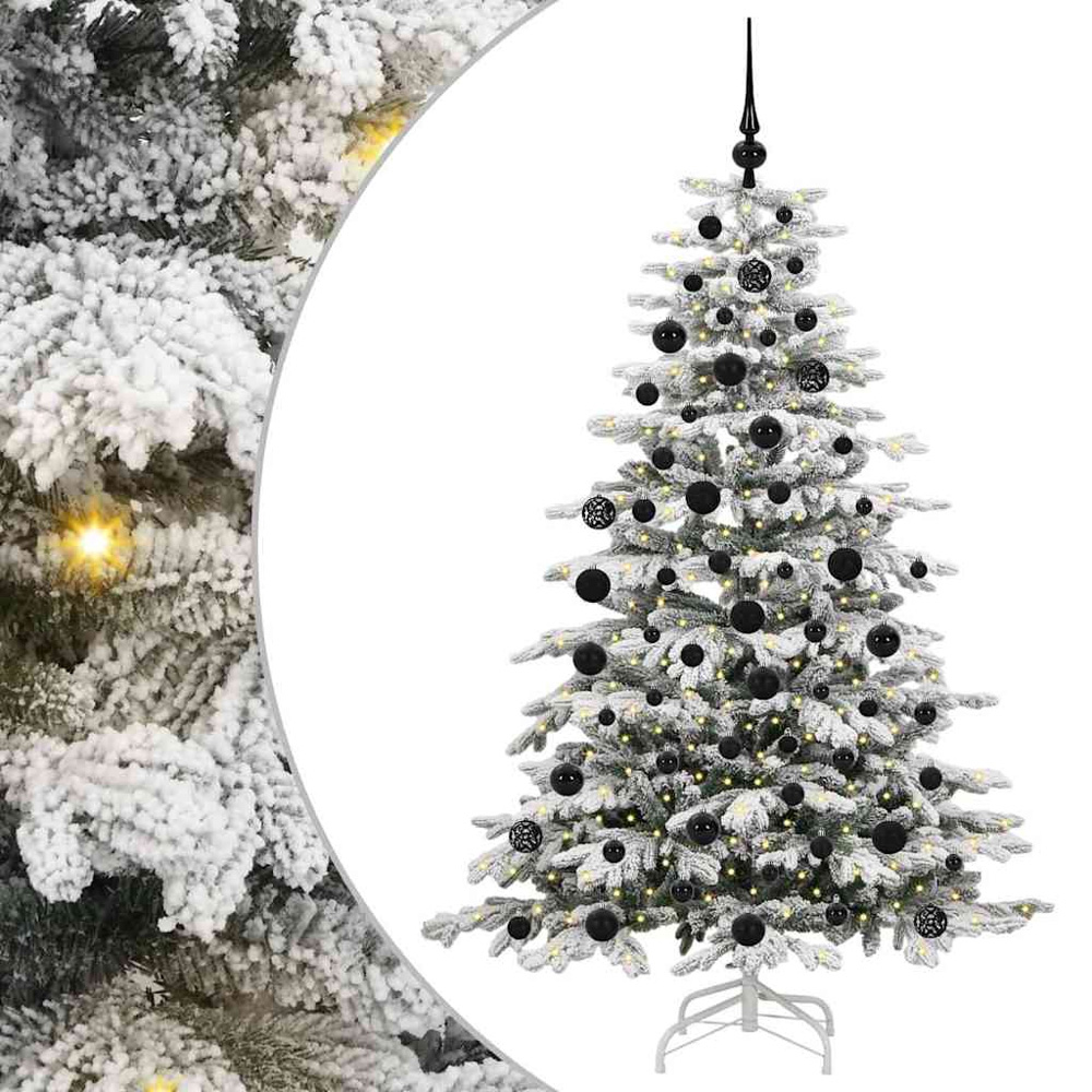 vidaXL Pre-Lit Black Baubles White Artificial Snow Flocked Christmas Tree 6ft Image 2