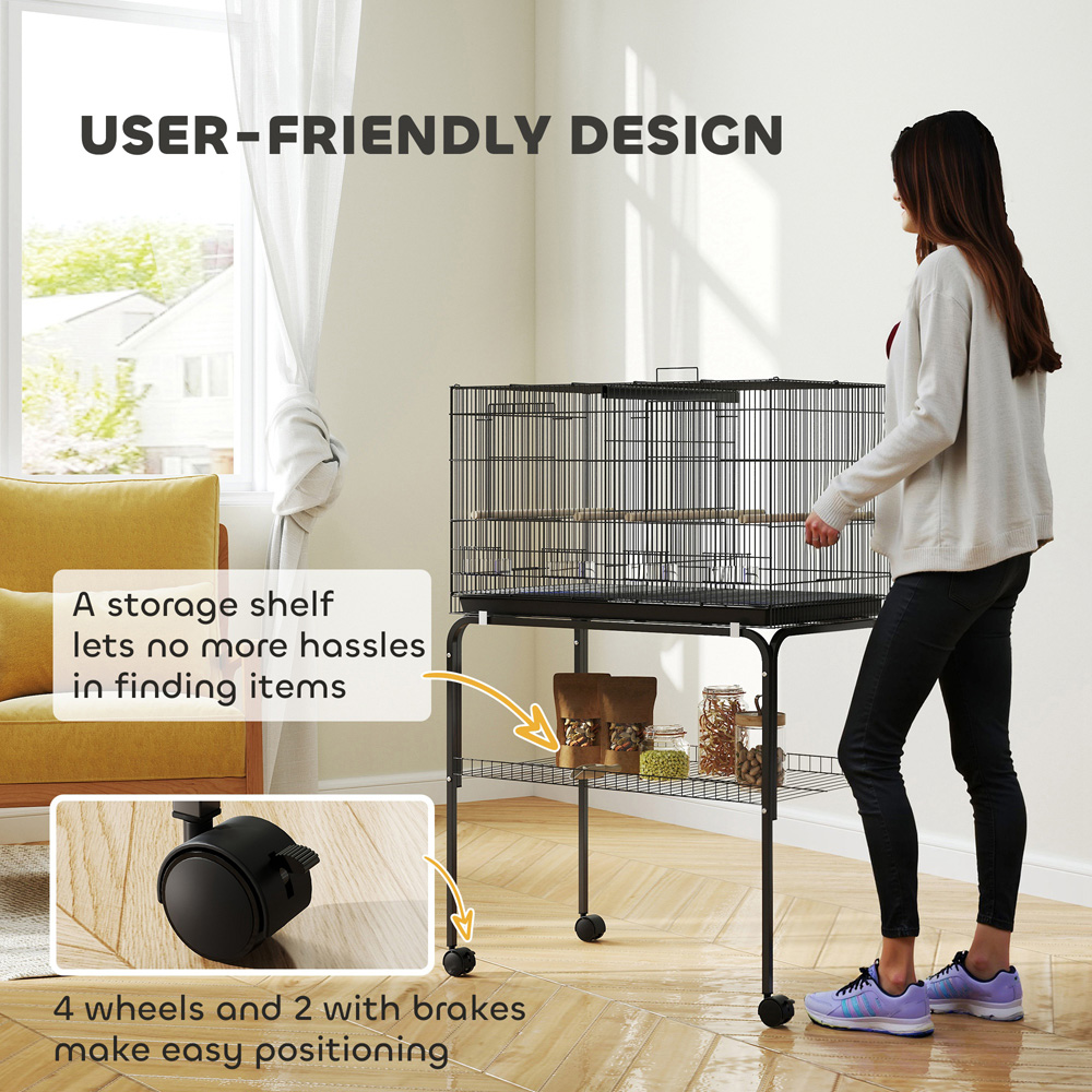 PawHut Black 4 Wooden Perches Bird Cage with Divider and Tray Image 8