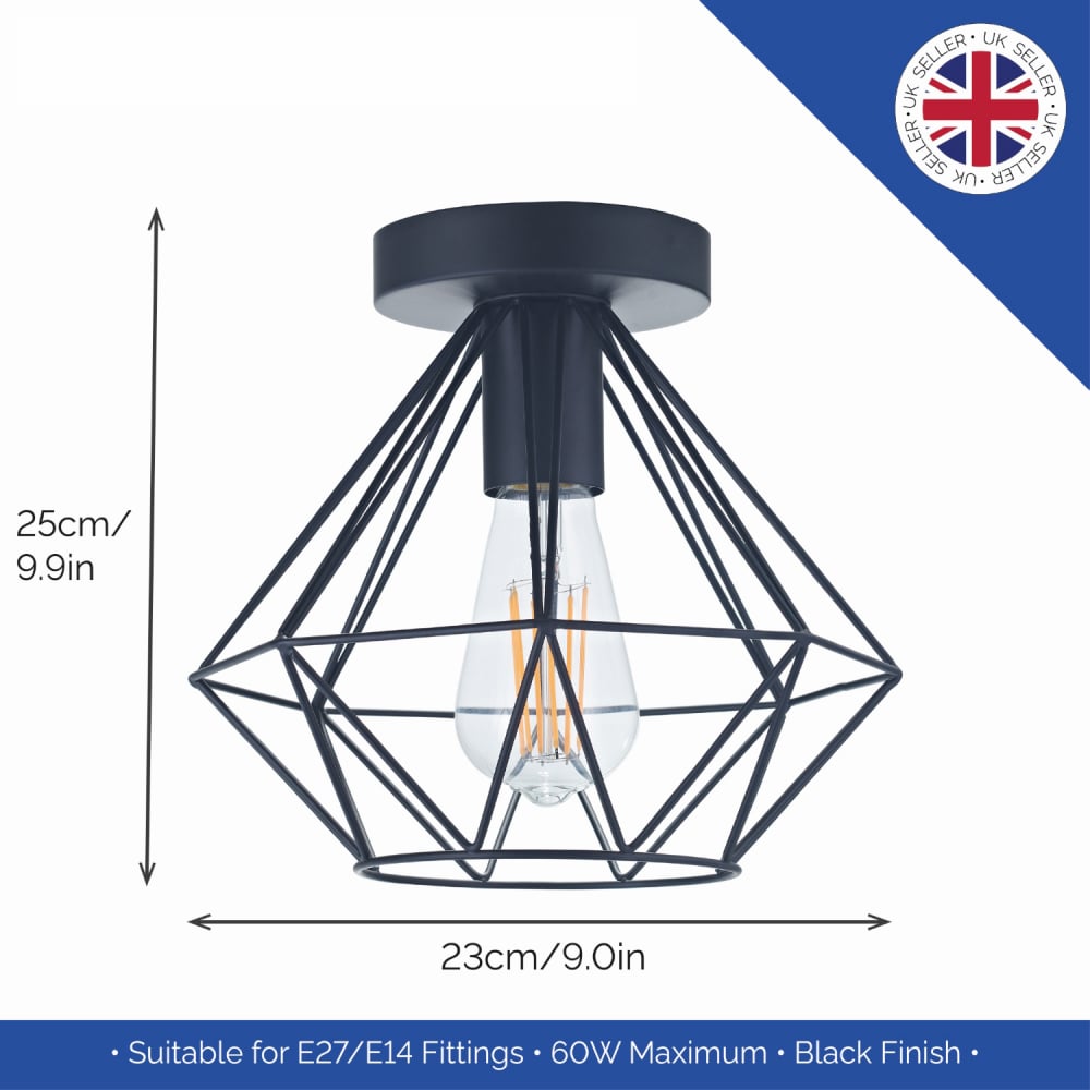 Happy Homewares Matt Black Metal Industrial Basket Cage Semi Flush Pendant Shade Image 5