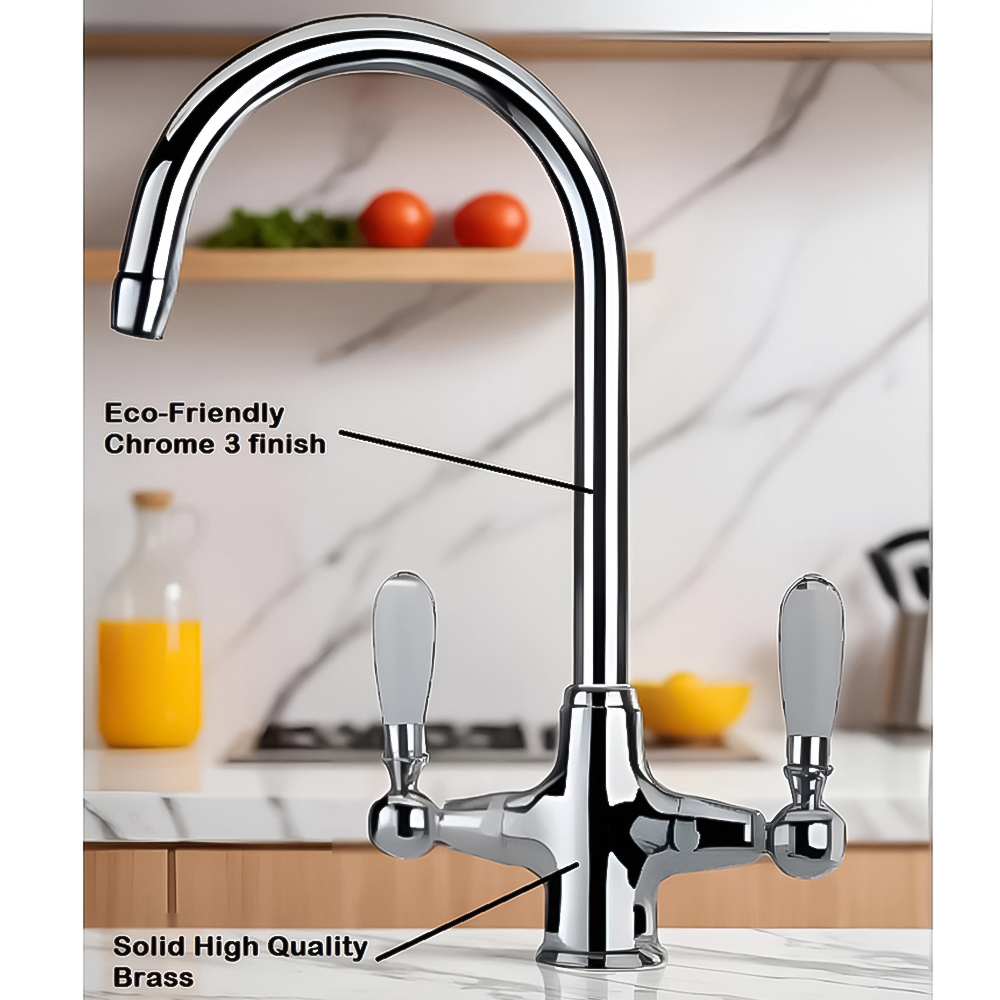 Piralla Swan Polished Chrome Ceramic Twin Lever Swivel Spout Kitchen Tap Image 3