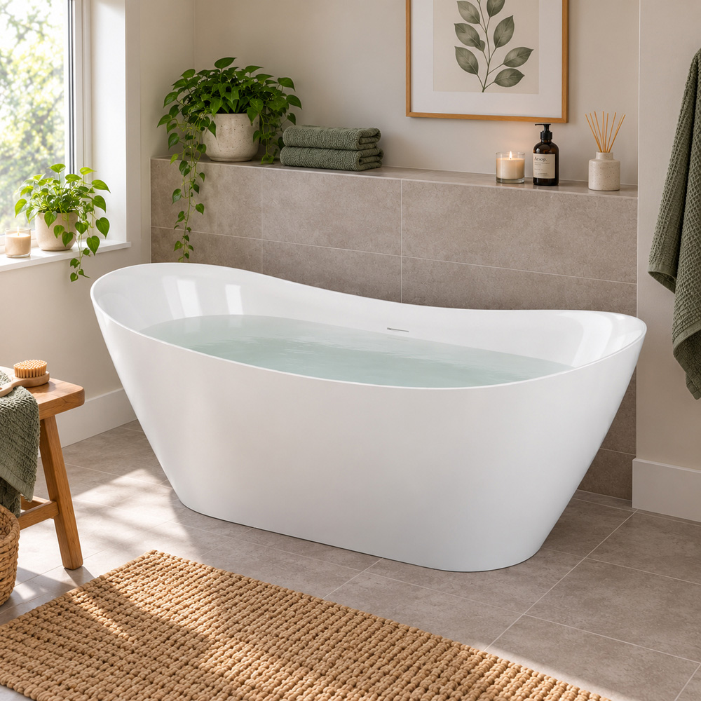 Go Bathrooms Gloss White Double Ended Acrylic Freestanding Bath 1500 x 750mm Image 2