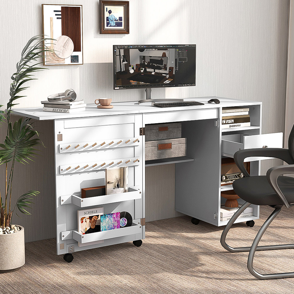 Costway Single Drawer 4 Shelf 2 Tray White Folding Sewing Table Image 1