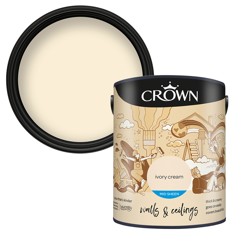 Crown Walls & Ceilings Ivory Cream Mid Sheen Emulsion Paint 5L Image 1