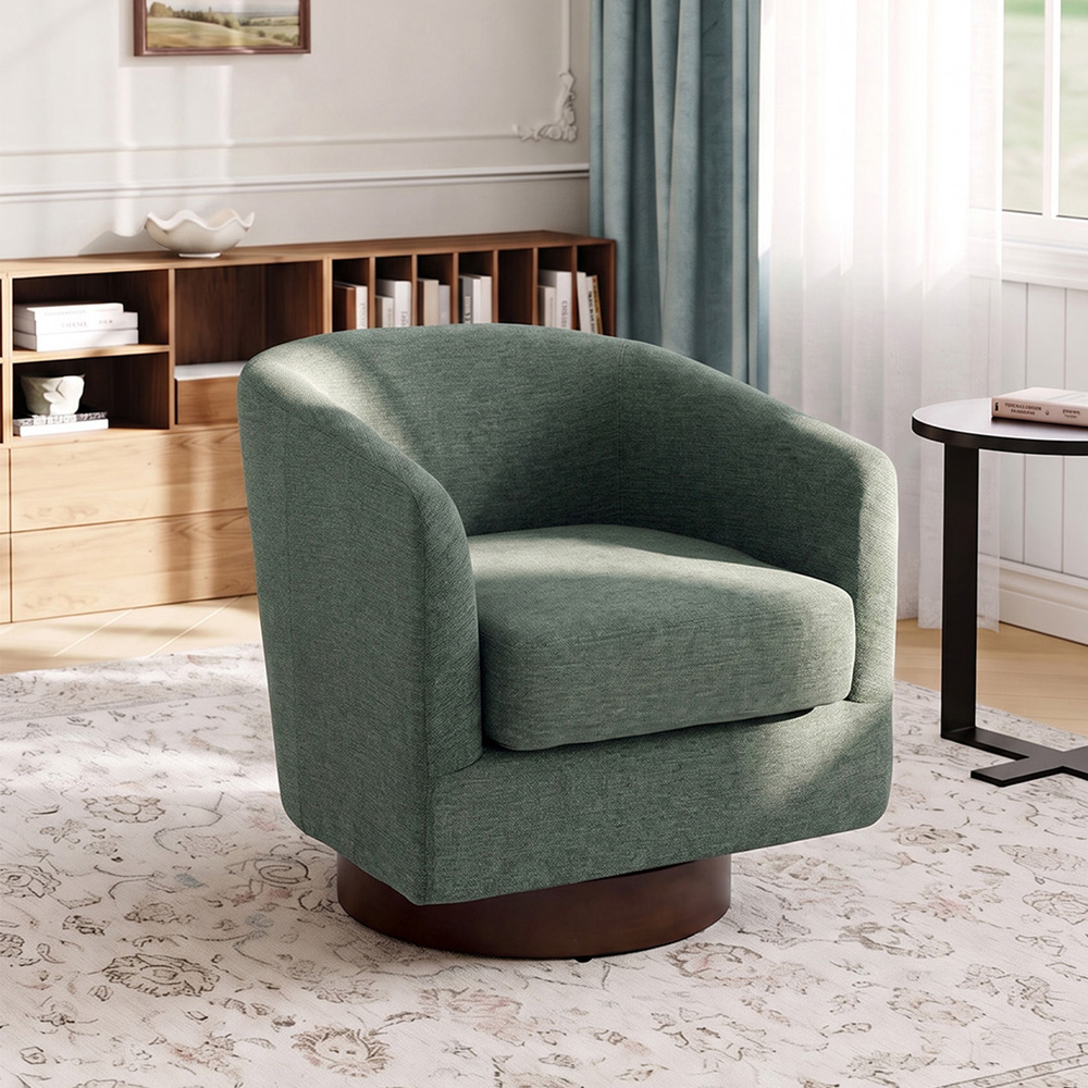 Living and Home Dark Green Linen Curved Barrel Swivel Armchair Image 8