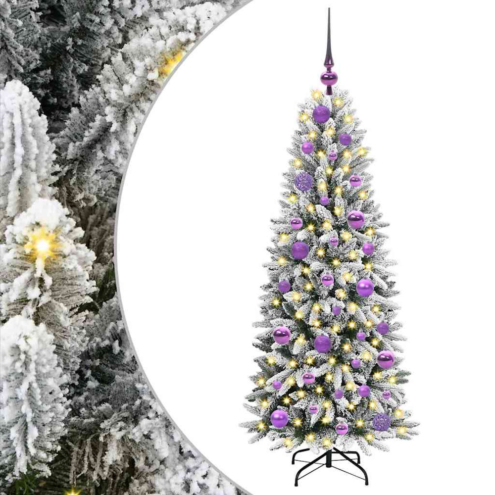 vidaXL Pre-Lit Lilac Baubles Artificial Snow Flocked Christmas Tree 4ft Image 2