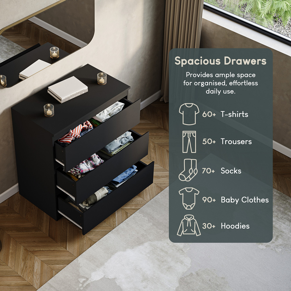 VIDA DESIGNS Denver 3 Drawer Black Chest of Drawers Image 6